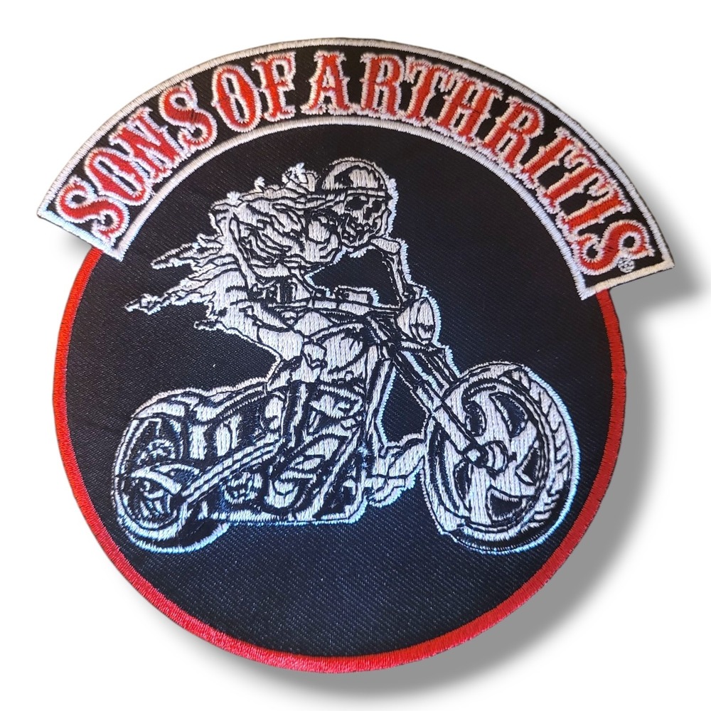 Sons Of Arthritis Biker Patch With Flaming Skeleton Embroidered  5"H x 4.75"W